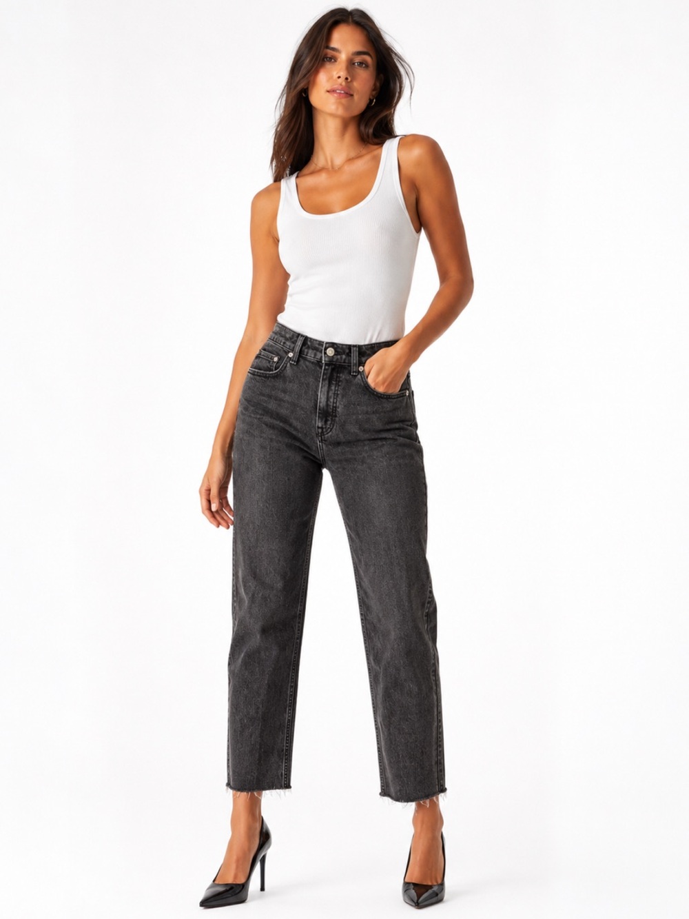 Free People ($160) We The Free Black Distressed Hem Jeans - W 15.5 R 10.5 I 26.5